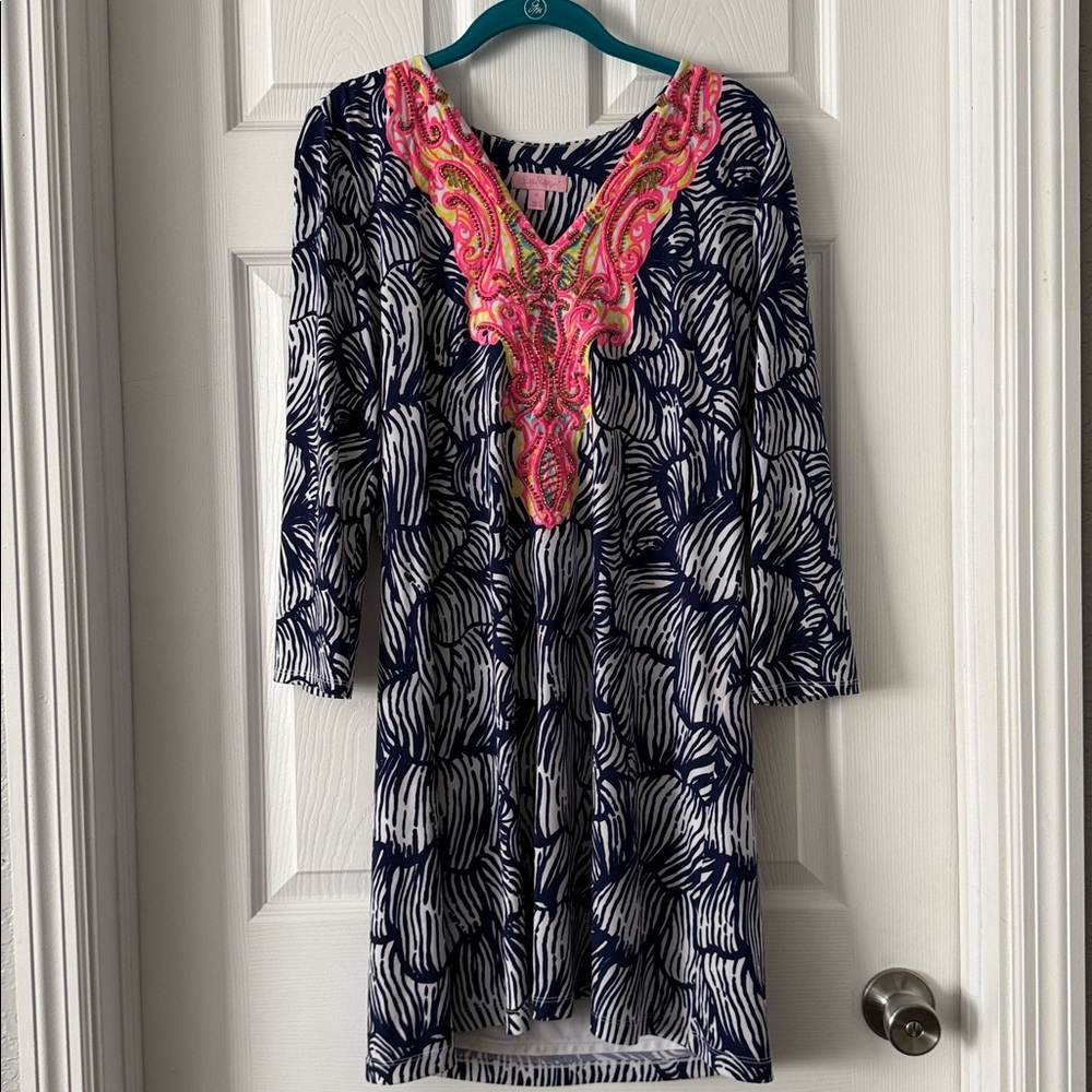 Lilly Pulitzer Navy and White Printed Dress with Pink Embellished V-Neck